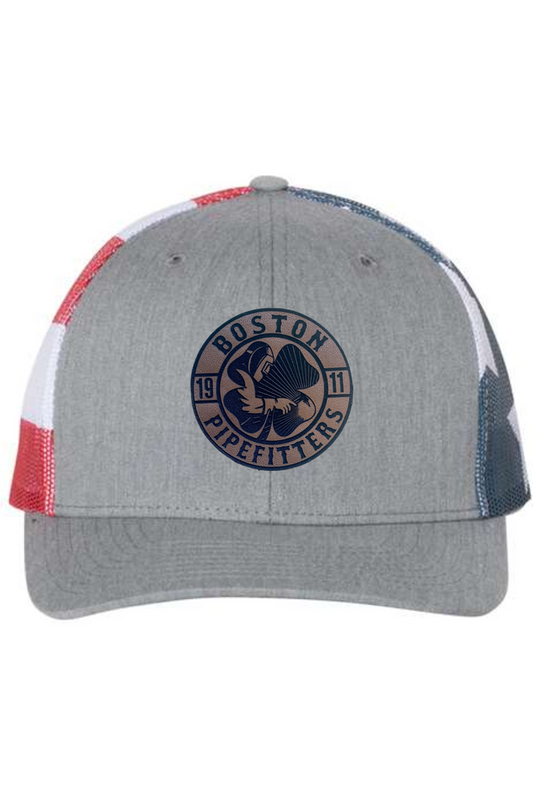 PRESALE - Boston Pipefitters Leather Patch Hat - American Flag printed mesh