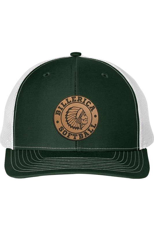 PRE-ORDER! Billerica Softball Green & White Snapback Trucker with Leather Patch